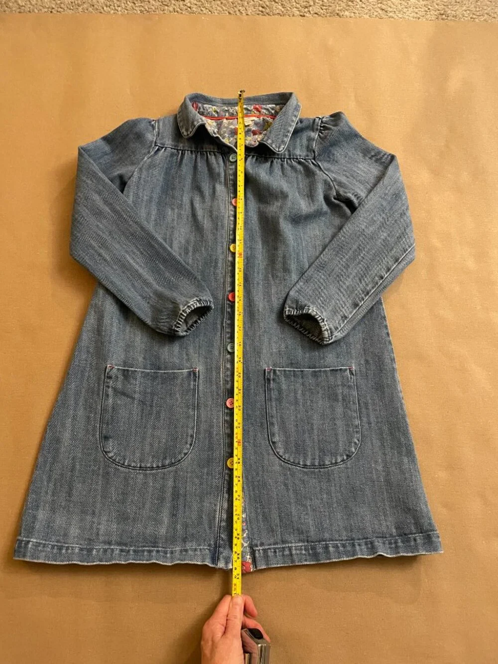 Mini Boden Dress Girls Size‎ 11-12 Denim Pockets Multi-Colored Buttons